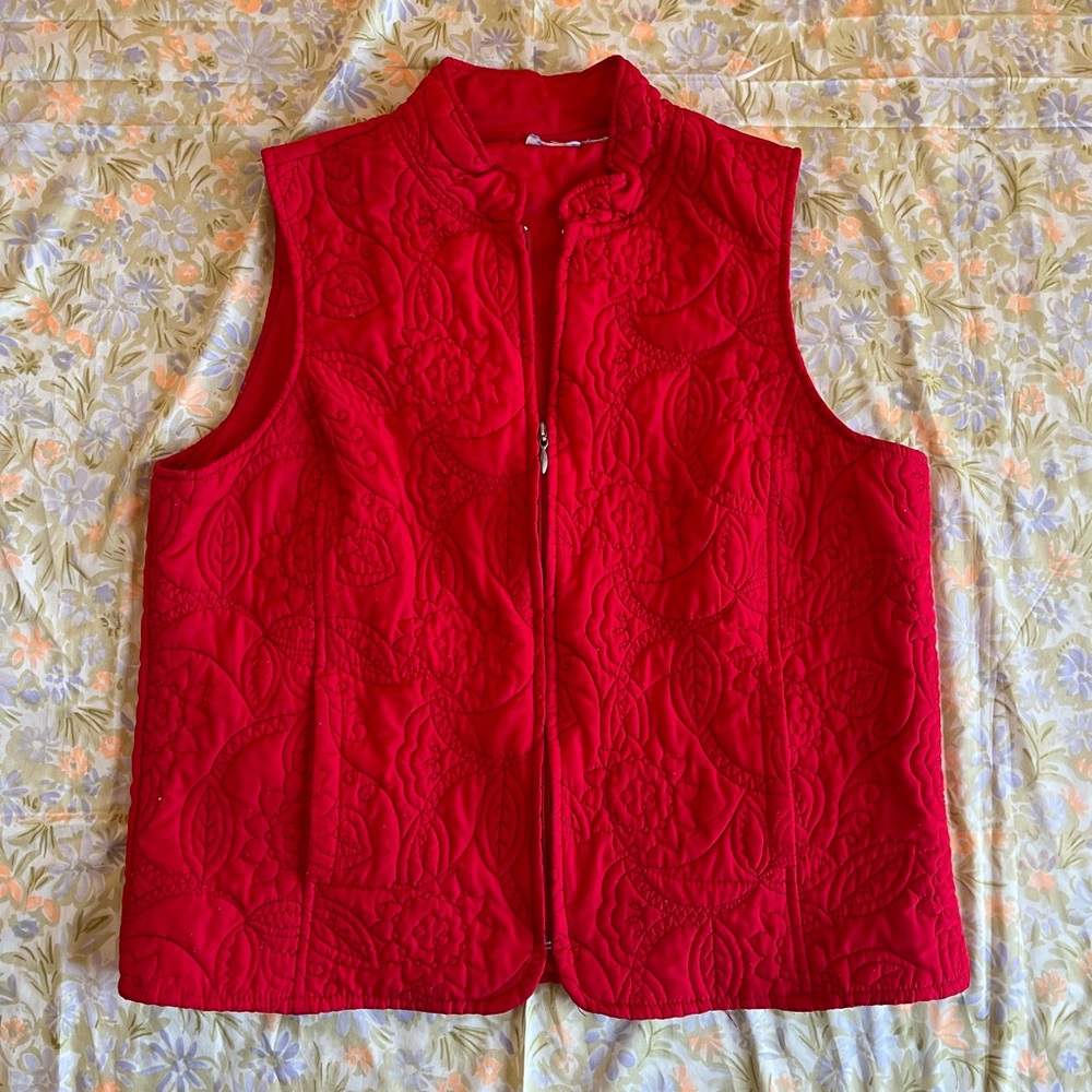 Vintage Quilted Red Puffer Vest Floral